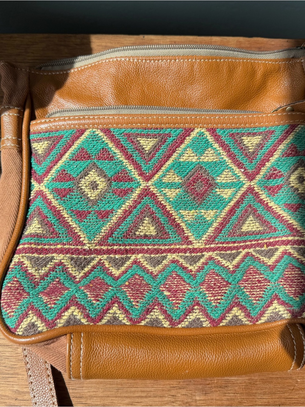 Myra Bag Tan Leather Crossbody with Teal, Burgundy & Cream Aztec Panel